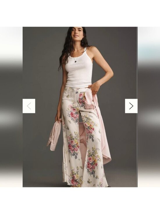 Anthropologie Pants - Anthropologie Floral Lace Silky Flare Pants Ivory Size 12 New